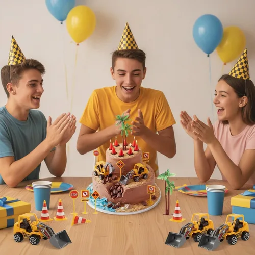 Vista 5 de BBTO 14 decoraciones de construcción para tartas incluyen 6 velas moldeadas en forma de cono, 2 decoraciones de camión de construcción, 1 palmera