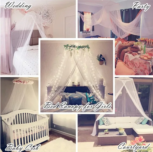 Vista 6 de Dosel de cama Eimilaly con mosquitera y 250 piezas de luces de cortina blancas cálidas, dosel de cama para decoración de habitación de niñas o Luces
