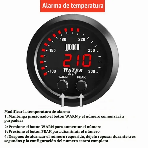 Vista 4 de Medidor de temperatura de agua universal de 52 mm, 100-300F (38-150C), electrónico, digital, LED, rojo, DC12V/24V, para automóvil, con adaptador