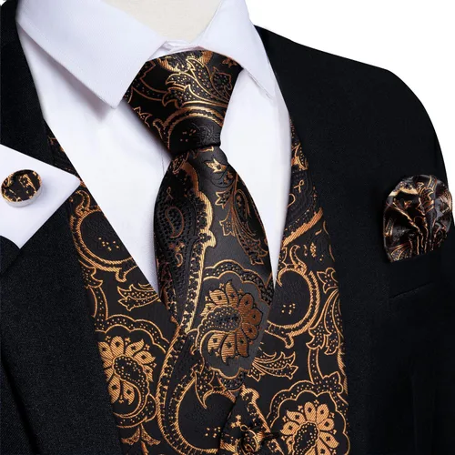 Vista 3 de DiBanGu Conjunto de 5 chalecos de seda con corbata y corbatín para hombre Paisley oro negro