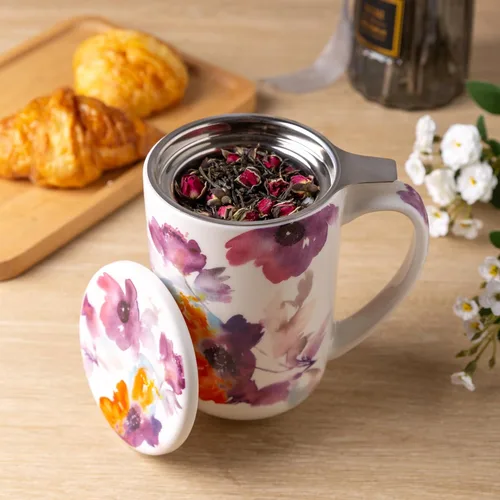 Vista 2 de AmorArc Taza de Té de Porcelana con Infusor y Tapas, Taza Grande de 18 Oz con Colador y Soporte para Bolsa para Té de Hojas Sueltas, Taza de Café