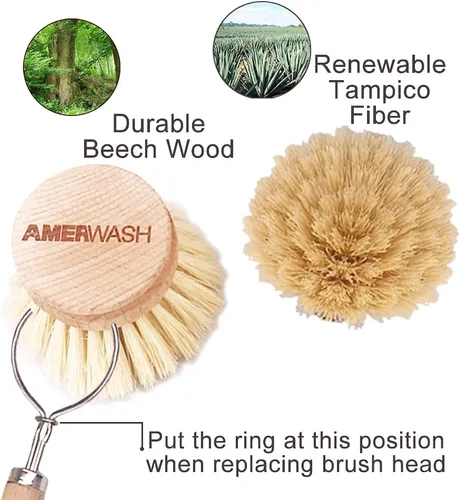 Vista 4 de AMERWASH PLUS Cabezal de repuesto clásico para cepillo de platos, 3 unidades, cerdas naturales de fibra Tampico para limpieza multiusos, limpiador