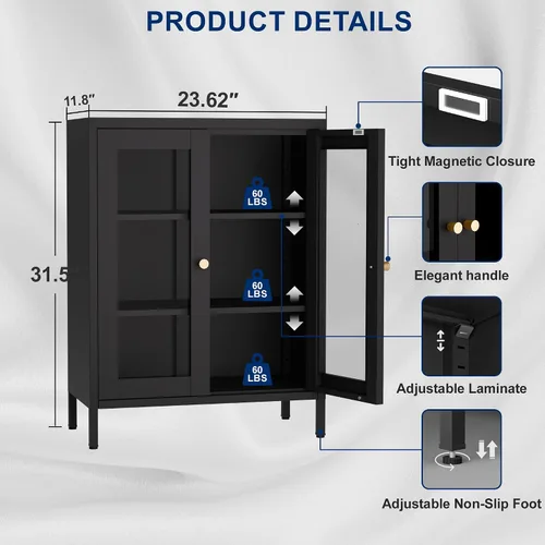Vista 2 de Gabinete de Almacenamiento de Metal para Baño, Gabinete Aparador Negro con Puertas de Vidrio y Estantes Ajustables, Pequeños Gabinetes de Metal