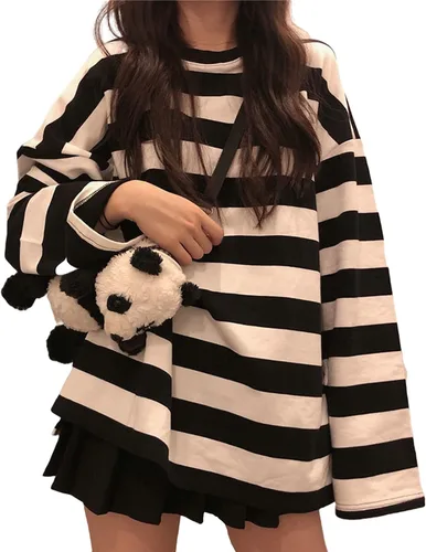 Vista 20 de Camiseta Harajuku de gran tamaño a rayas de manga larga con cuello redondo para mujer NegroGris