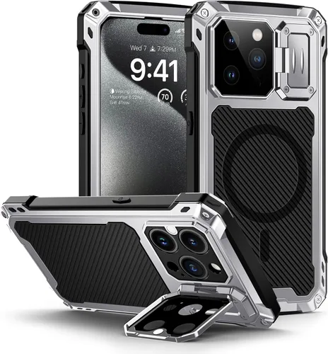 Vista 14 de Lanhiem Funda de metal para iPhone 13 con funda de cámara y soporte [compatible con MagSafe] [Soporte integrado] [Protección de grado militar] Funda