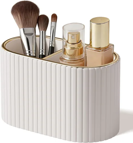 Vista 11 de KINGFOM Organizador de brochas de maquillaje con divisor, soporte de piel sintética para encimera de baño y tocador, organizador de almacenamiento