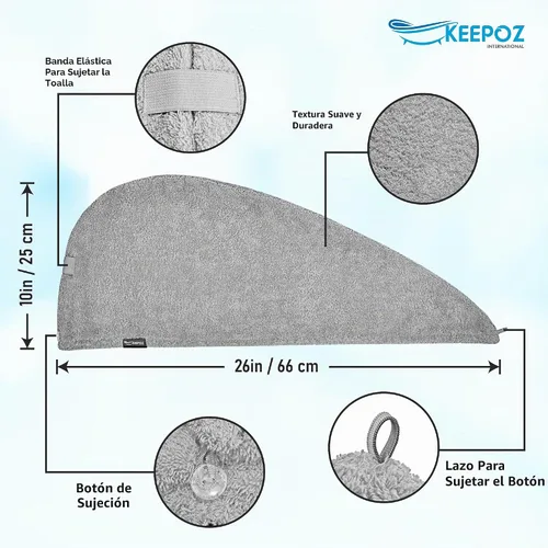 Vista 2 de KEEPOZ Toalla para el cabello de secado rápido, 100% algodón, súper absorbente, turbante para la cabeza para mujeres con botón, productos