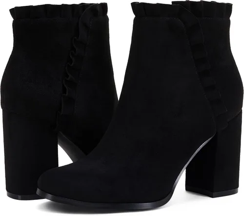 Vista 4 de Ermonn Botines de tacón grueso para mujer, de gamuza sintética, con volantes, para otoño e invierno
