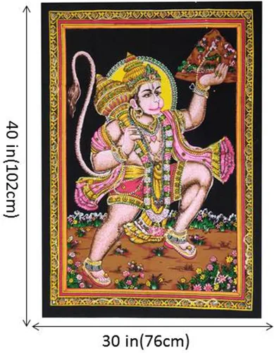 Vista 3 de Purpledip Póster de pared de algodón Hanuman: hoja colgante espiritual sin marco, multicolor (20087)
