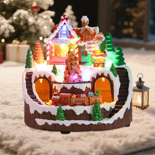 Vista 4 de WONDER GARDEN Casas de Pueblo de Navidad, Casa de Jengibre Iluminada Musicalmente con Edificios Navideños Coleccionables y Tren en Movimiento