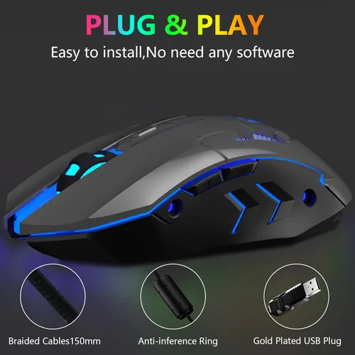 Vista 4 de FUWANG Ratón para juegos con cable, mouse USB para computadora con retroiluminación RGB, sensor óptico de 7200 DPI, mouse ergonómico para gamer