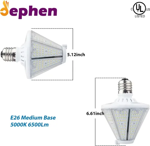 Vista 4 de dephen Bombilla LED de mazorca de maíz de 50 W, cono triangular de 6500 lúmenes, luz superior de poste base E26, reemplazo de halogenuros metálicos