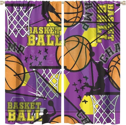 Vista 14 de Cortinas deportivas de baloncesto para niños, patrón de llama de bola 3D naranja, 42 pulgadas de ancho x 45 pulgadas de largo