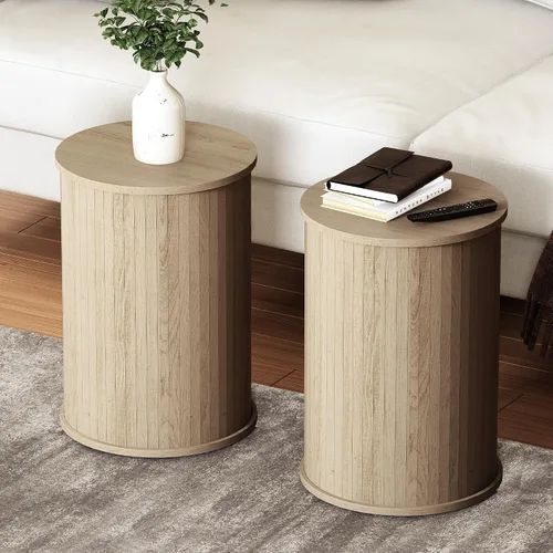 Vista 8 de Mesa auxiliar redonda acanalada para sala de estar, moderna mesa auxiliar de madera para sofás y sofás para espacios pequeños, mesa de noche de 21.9