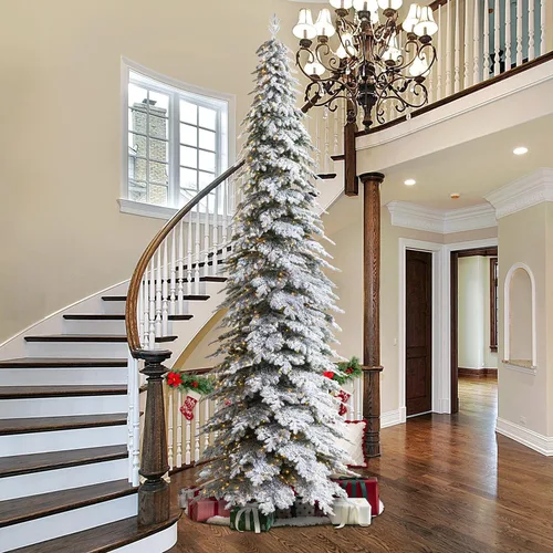 Vista 16 de Glitzhome Árbol de Navidad Artificial de 7.5 pies, Árbol de Navidad Tipo Lápiz Preiluminado con Efecto Nevado Chicago Frostwood Spruce con 350 Luces