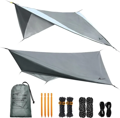 Vista 8 de Hamaca con mosca de lluvia, lona impermeable de 11 x 9 pies con puertas, lona ligera y con protección UV, multifuncional para mochileros