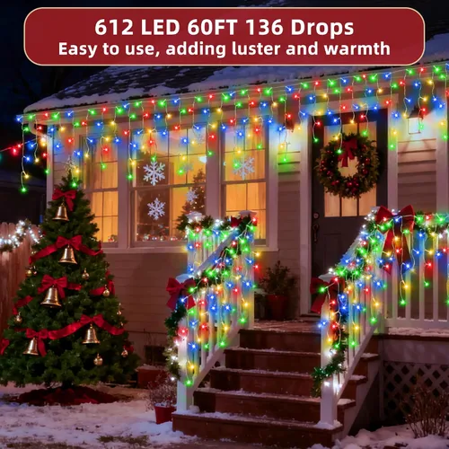 Vista 2 de 612 luces LED de Navidad de 60 pies con 136 caídas, 12 modos de iluminación, decoración navideña multicolor, luces centelleantes regulables