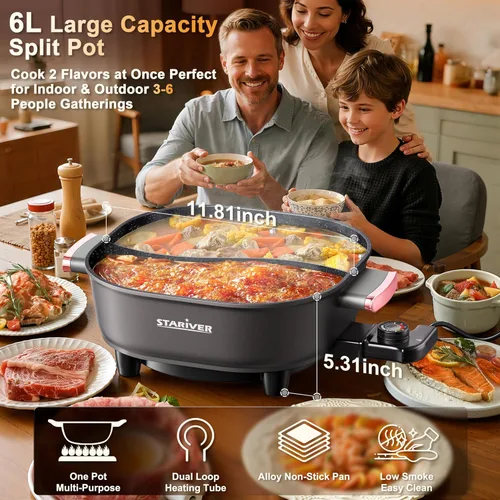 Vista 2 de Stariver Olla eléctrica de 6L con divisor, 1300 W, olla de doble sabor para dos caldos, control de 5 temperaturas y revestimiento antiadherente