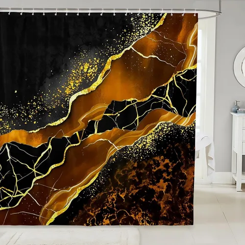 Vista 38 de Erosebridal Cortina de ducha de mármol negro, 72 pulgadas de ancho x 72 pulgadas de largo, juego de baño con grietas doradas, tela de textura