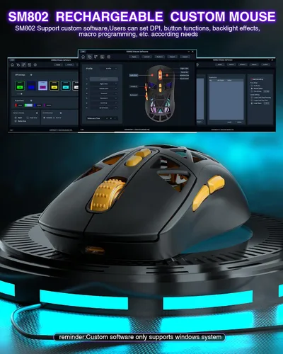 Vista 6 de SOLAKAKA SM802 - Ratón inalámbrico para juegos, 10000 DPI, triple modo con cable/BT 5.0/2.4GHz con botón lateral, mouse macro programable RGB