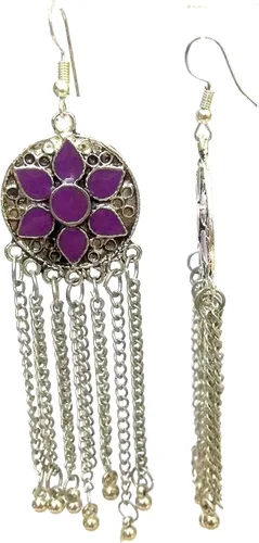 Vista 2 de DESI HAWKER Pendiente oxidado de plata Bali Jhumki Jhumka Joyería Bollywood gota cuelgan largo NI-128, Metal