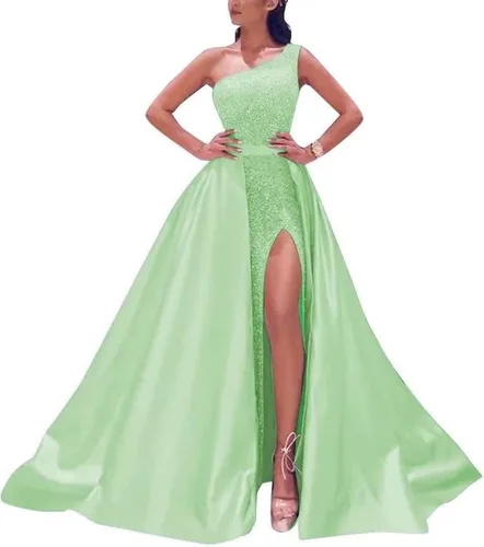 Vista 7 de Vestidos de fiesta de lentejuelas de un hombro 2022, vestidos de noche formales de sirena con abertura brillante y cola desmontable de satén