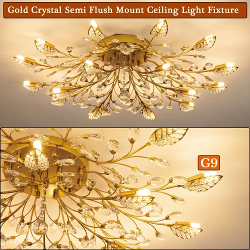 Vista 7 de Lámpara de techo de cristal, lámpara de flores, luces de techo semiempotradas de hojas doradas, accesorios de iluminación de cocina para dormitorio