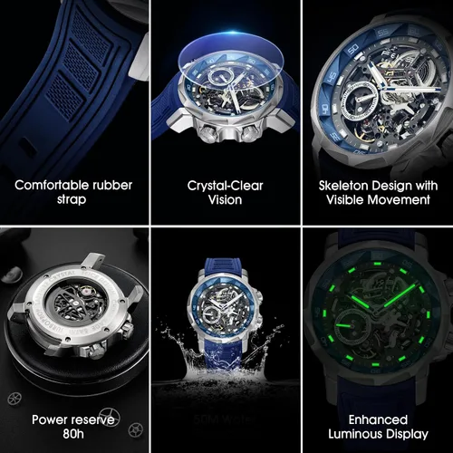 Vista 4 de FEICE FM511 Men's Automatic Skeleton Watch, Luxury Sapphire Crystal Glass Blue Dial Luminous Hands, 5ATM Waterproof Sport Wristwatch with Silicone