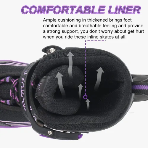 Vista 4 de Patines en línea ajustables para niños, niñas y niños, color morado y negro, todas las ruedas iluminan patines para niños principiantes al aire