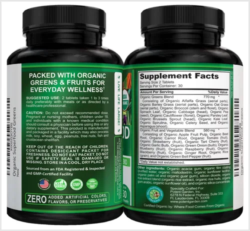 Vista 4 de Potent Garden Paquete de 2 superalimentos orgánicos, suplemento de frutas y verduras rico en vitaminas y antioxidantes con alfalfa, raíz