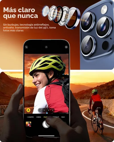Vista 5 de TOCOL Protector de lente de cámara para iPhone 15 Pro Max / iPhone 15 Pro, protector de lente de cámara de vidrio templado HD individual resistente