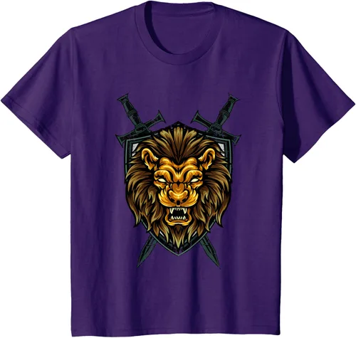 Vista 63 de Camiseta con diseño de caballero medieval renacentista, con diseño de espada de león, Negro, S