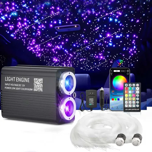 Vista 11 de Kit de luz de doble puerto 32W Twinkle Meteor 2 en 1 Starlight Headliner con 1200 piezas de cable de fibra óptica de 9.8 pies RGBW fuente de luz