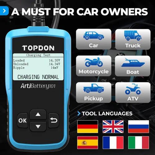 Vista 5 de TOPDON AB101 Probador de Batería de Coche 12V Probador de Carga de Batería de Coche en Sistemas de Arranque y Carga, Analizador de Alternador