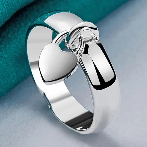 Vista 3 de Anillo de plata de ley 925 con forma de corazón colgante con cierre de corazón clásico para mujer, anillo de moda general