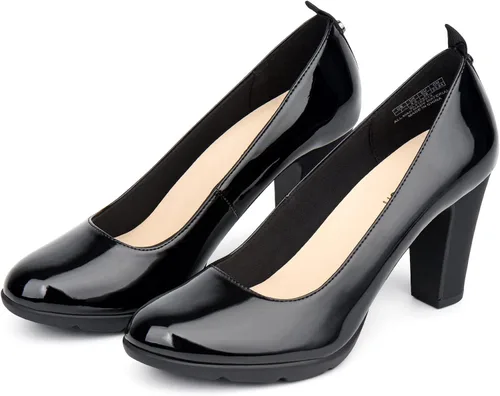 Vista 3 de JENN ARDOR Zapatos de tacón grueso con punta redonda para mujer, tacón de bloque medio, zapatos de plataforma, para oficina, trabajo, boda, noche