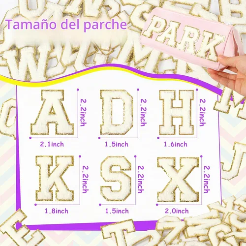 Vista 2 de Parches de letras de chenilla autoadhesivas: 26 piezas de parches de letras blancas, parches de letras de la universidad, parches para pegar en 26