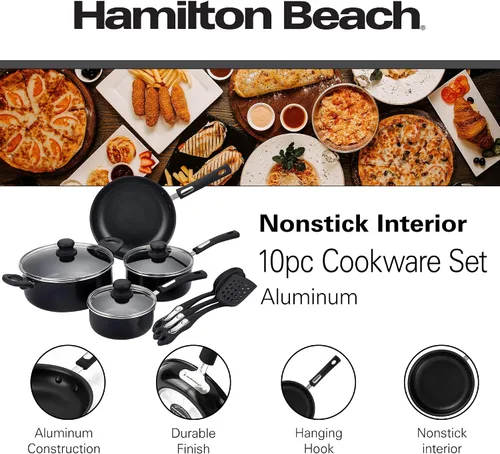 Vista 2 de Hamilton Beach Juego de utensilios de cocina cubiertos de aluminio, sartén antiadherente, horno holandés con mango de baquelita suave al tacto, Negro
