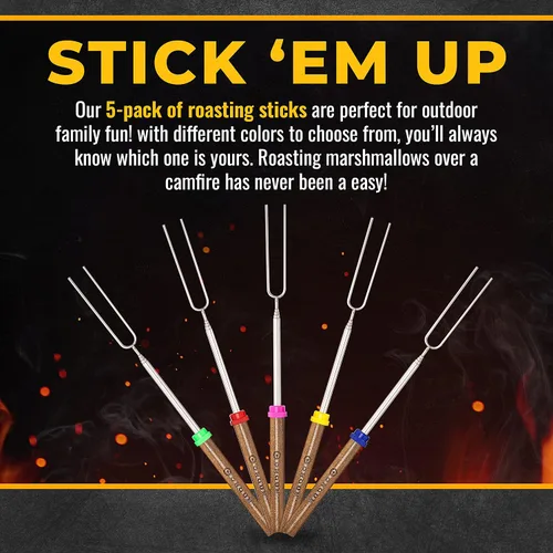Vista 7 de CORQUE Palitos para Asar Malvaviscos, Palitos para S'mores, Extensibles, Pincho de Campamento para Fogata, Mango de Madera, Metal de 32 Pulgadas