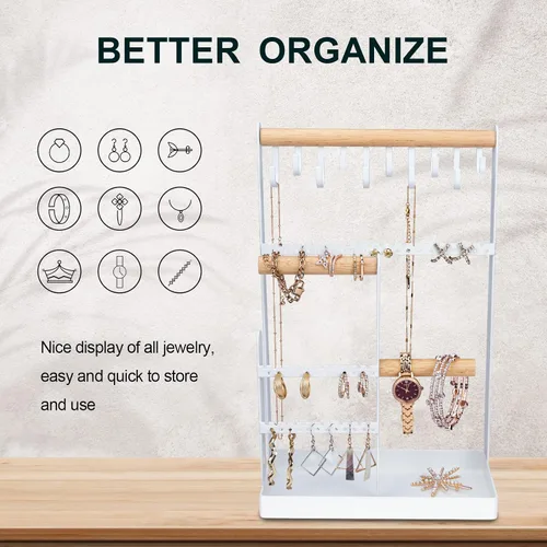 Vista 3 de V-LAFUYLIFE Organizador de joyas, soporte para collares, organizador de 6 niveles para árbol de joyería con soporte para pulsera, bandeja