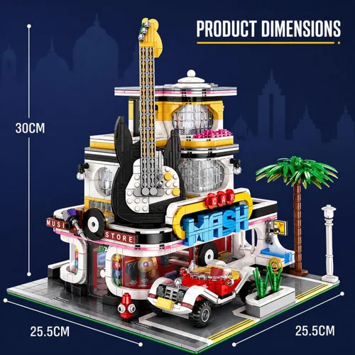 Vista 4 de General Jim's Tienda de música y lavado de autos Street View Modular City Building Block Set, 2,168 piezas con kit de luz Juguetes y ladrillos GJ