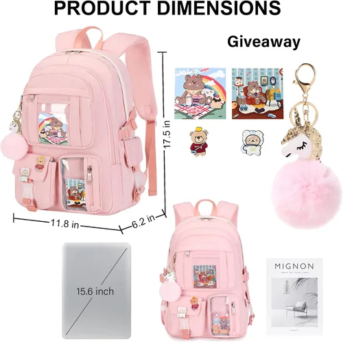 Vista 5 de Mochilas para niñas, mochila para laptop de 15.6 pulgadas, mochila escolar linda universidad, grandes bolsas de viaje para adolescentes, mujeres