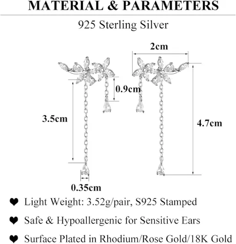 Vista 6 de Sluynz - aretes de plata esterlina 925, con diseño de hojas, para mujeres, adolescentes. Cristales brillantes de zirconia cúbica, aretes colgantes.