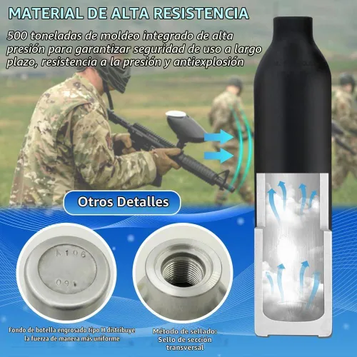 Vista 5 de Tanque de aire de paintball PCP de 4500 psi, tanque de aire de CO2 de alta presión de 0.5L, botella de aire hecha de aluminio a prueba