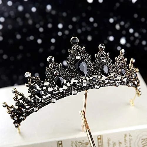 Vista 3 de hair jewelry crown tiaras for women Baroque Retro Black Bridal Crystal Tiaras Crowns Princess Pageant Prom Rhinestone Veil Tiara Wedding Hair