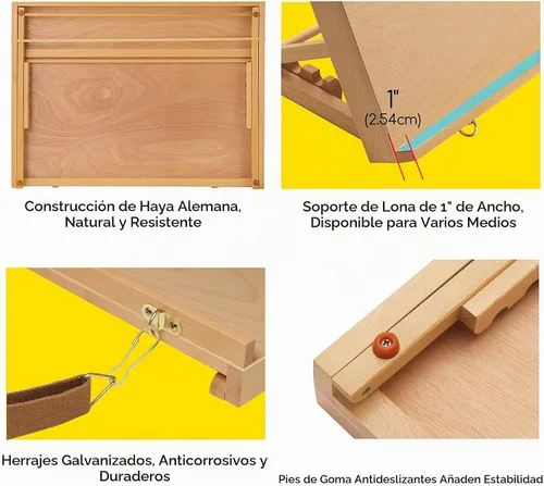 Vista 4 de MEEDEN Caballete de mesa A2 de madera para pintar, tablero ajustable de dibujo y boceto de 5 posiciones con correa para el hombro, caballete