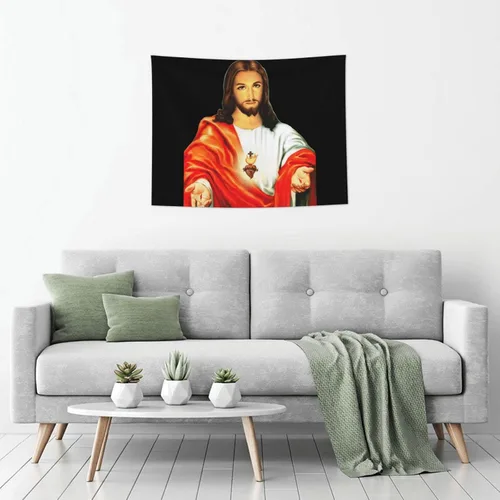 Vista 4 de Tapiz de corazón sagrado de Jesús para colgar en la pared de la sala de estar, decoración de pared de tapices