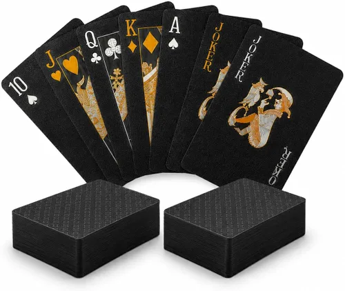 Vista 9 de 10 Paquetes de Cartas de Juego - 5 Negras 5 Doradas HD, 54 Cartas de Póquer Estándar de Plástico Impermeable para Fiestas Familiares Negro y dorado