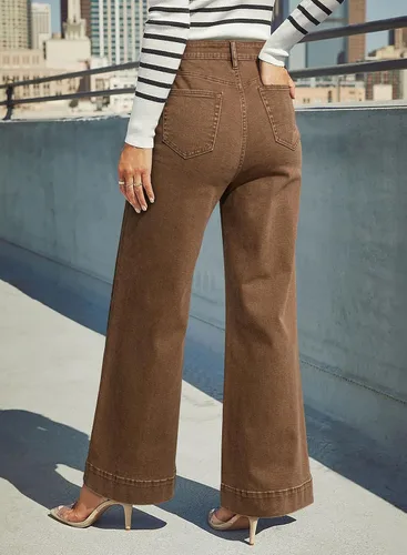 Vista 7 de Dokotoo Pantalones de mezclilla casuales de cintura alta para mujer Marrón