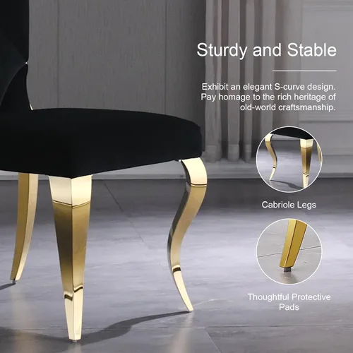 Vista 5 de Juego de 2 sillas de comedor de terciopelo negro y dorado, sillas de cocina tapizadas con respaldo alto con patas de acero inoxidable pulido, sillas